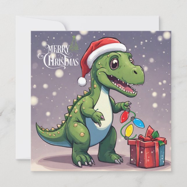 God jul Dinosaur med nuvarande läge Julkort (Framsida)