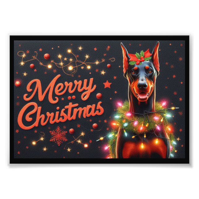 God jul Doberman Hund Twinkling Julafton Ljus Fototryck (Framsidan)