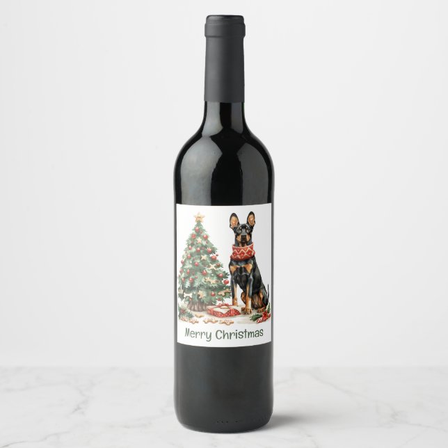 God Jul Dobermann Hundar Vinflaska Etikett (Framsida)