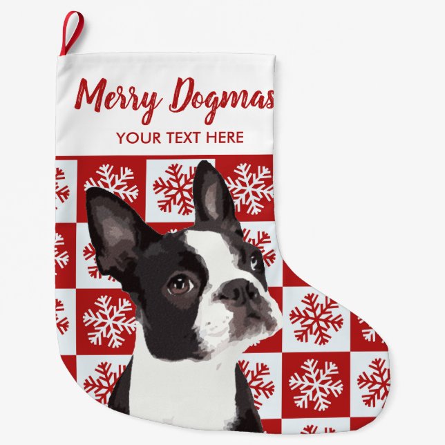 God jul Dogmas Boston Terrier Festive Hund Stor Julstrumpa (Framsidan)
