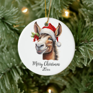 God jul Donkey i Santa Hat Holly-Anpassningsbarna Julgransprydnad Keramik