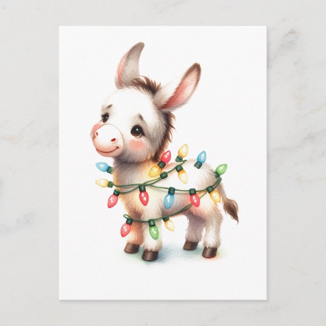 God jul Donkey Watercolor Ljus Vykort (Framsida)