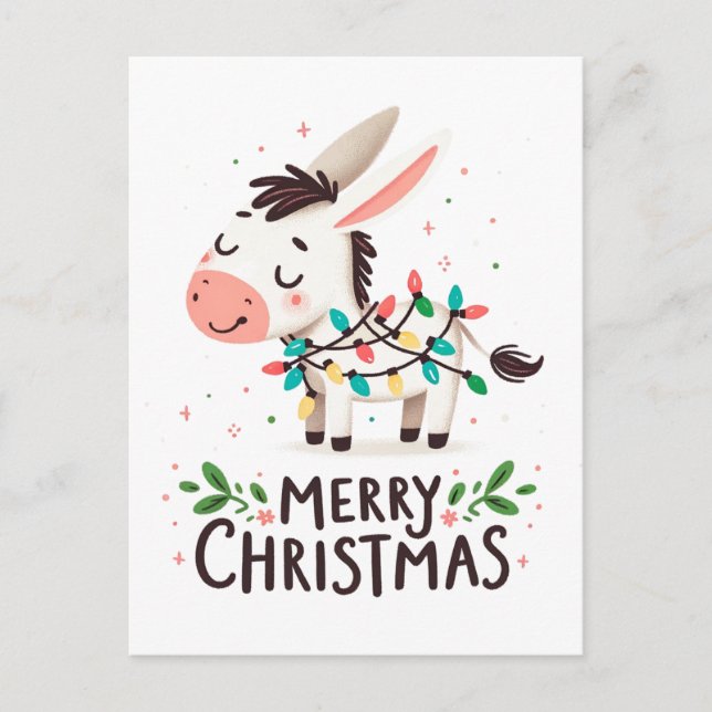 God jul Donkey Watercolor Ljus Vykort (Framsida)