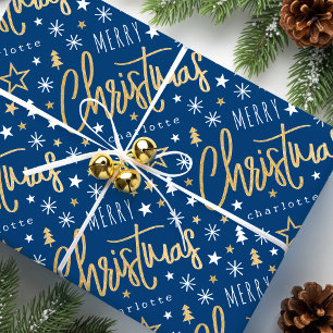 God jul eget namn Blå Faux Guld Presentpapper