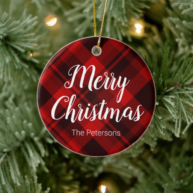 God jul, eget namn, rött svart, färgtråd julgransprydnad keramik (Träd)