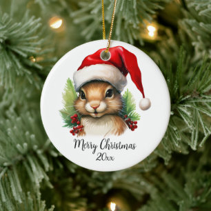 God jul-ekorren i Santa Hat Holly-Anpassningsbarna Julgransprydnad Keramik