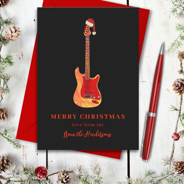 God jul Electric Guitar Julkort (Merry Christmas Music themed stylish guitar personalized black and red holidays greetings card)