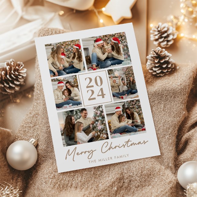 God jul Elegant Beige Family Photo Collage Julkort (Skapare uppladdad)