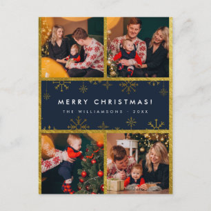 God jul! Elegant Blue & Guld 4 Foton Vykort