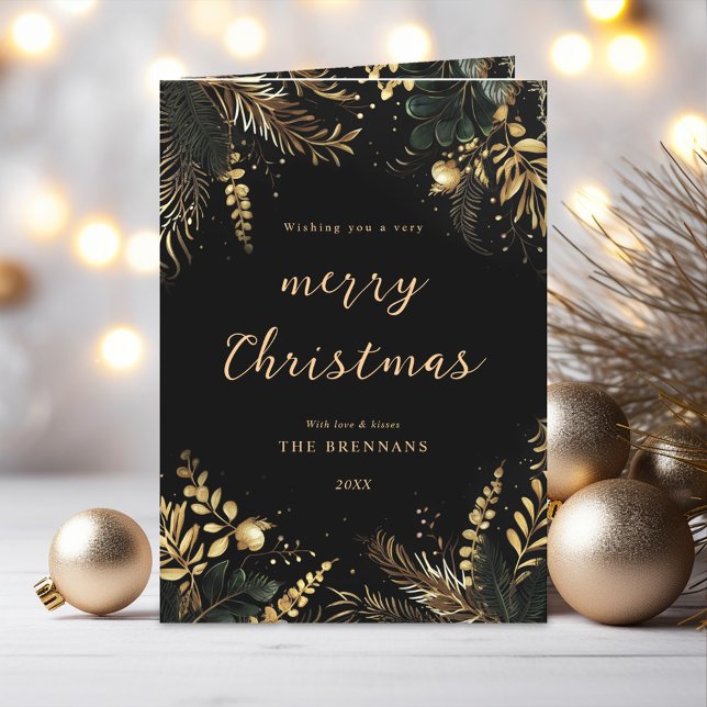 God jul Elegant Botaniska Svarta Guld Helgkort (Merry Christmas Elegant Botanical Black Gold Holiday Card)