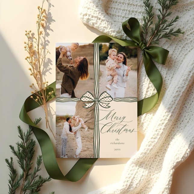 God jul Elegant Bow presenterar fotokollage Julkort (Merry Christmas Elegant Bow Present Photo Collage Holiday Card)