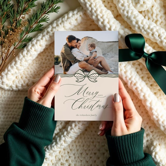God jul Elegant  Bow & Ribbon Photo Julkort (Merry Christmas Script Elegant Bow & Ribbon Photo Holiday Card)