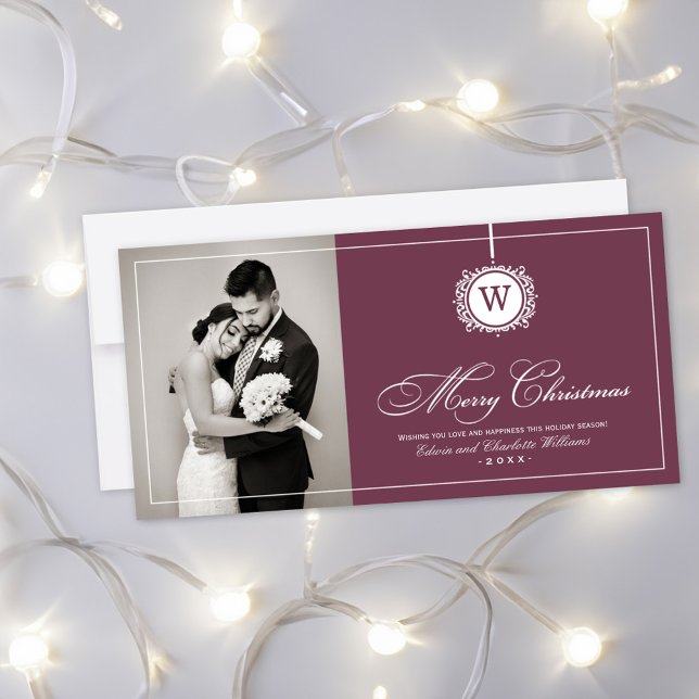 God jul Elegant Burgundy Monogram Photo Julkort (Skapare uppladdad)