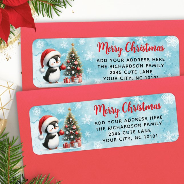 God jul Elegant Cute Penguin Red Blue Returadress Etikett (Skapare uppladdad)