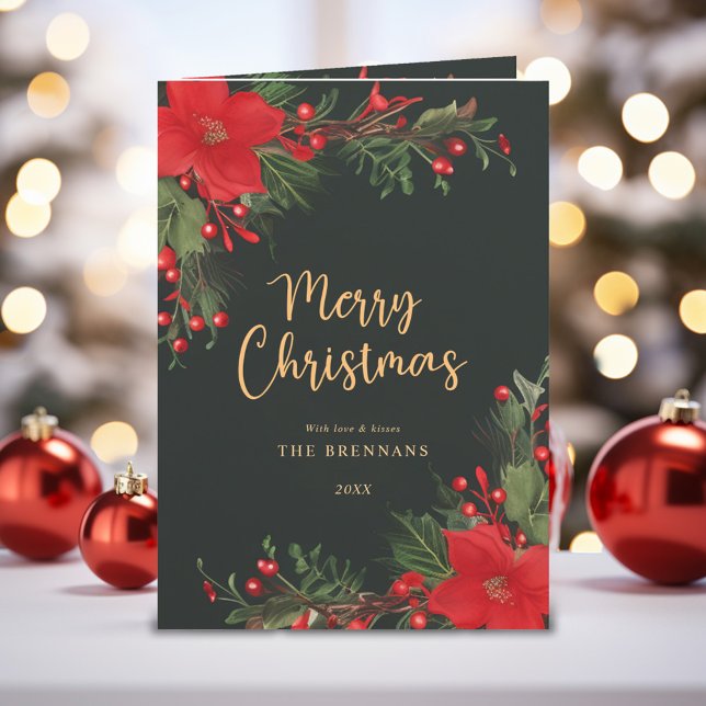 God jul Elegant Grönt Red Botanical Helgkort (Merry Christmas Elegant Green Red Botanical Holiday Card)