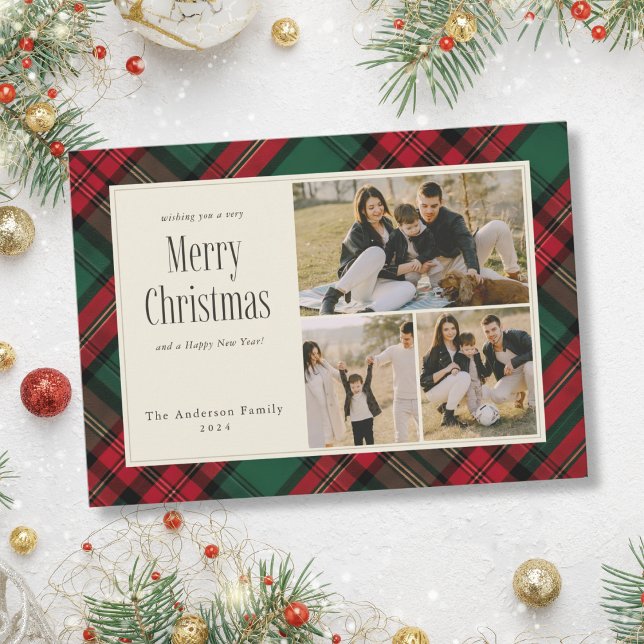 God jul Elegant Grönt Red Play 3 Foton Julkort (Merry Christmas Elegant Green Red Plaid 3 Photos Holiday Card)
