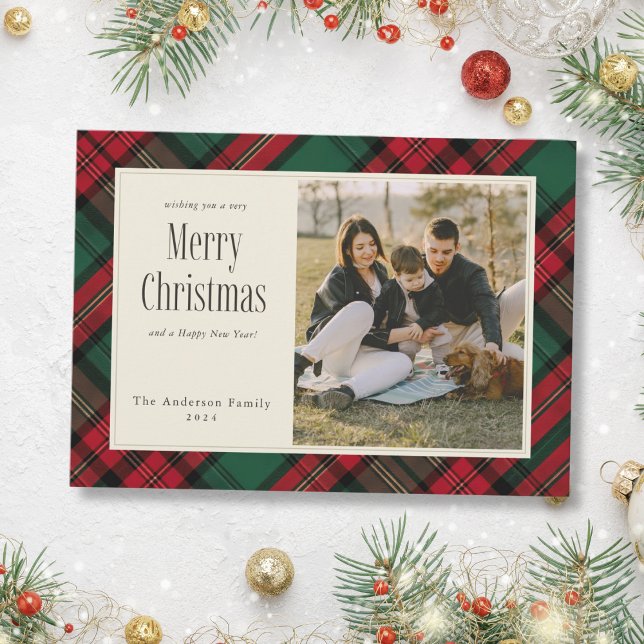 God jul Elegant Grönt Red Play Photo Julkort (Merry Christmas Elegant Green Red Plaid Photo Holiday Card)