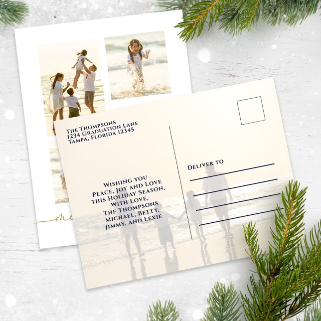 God jul Elegant Guld Calligraphy 5 Photo Helg Vykort (Merry Christmas elegant gold five-photo template postcard. )