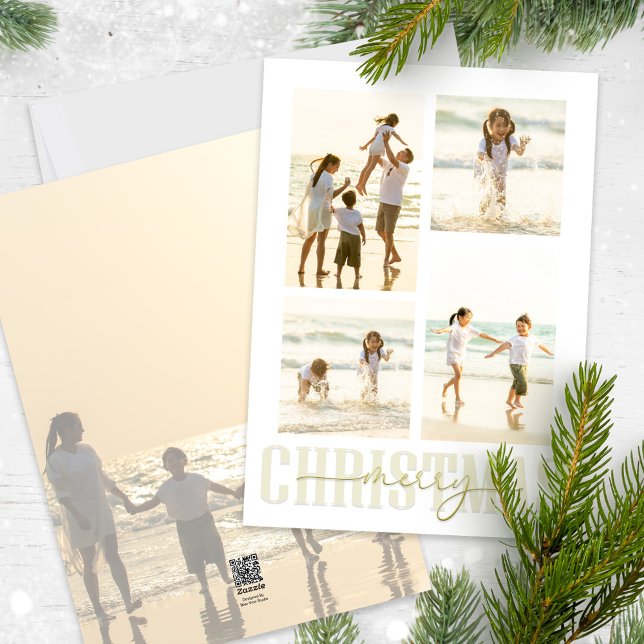God jul Elegant Guld Calligraphy 5 Photo Julkort (Merry Christmas gold stylish calligraphy photo card with a five photo template. )