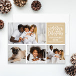 God jul Elegant Kraft Script Photo Collage Julkort<br><div class="desc">Snyggt God jul fotokortsdesign har en kollage av fyra (4) foton med anpassningsbar som kan vara personlig med ditt efternamn och året. Grenar av löv och bär från holly accentuerar utformningen. En mönster med litet vitt polka dots visas på baksidan av kortet. Neutralten beige/kraftsolens bakgrund färg kan ändras.</div>