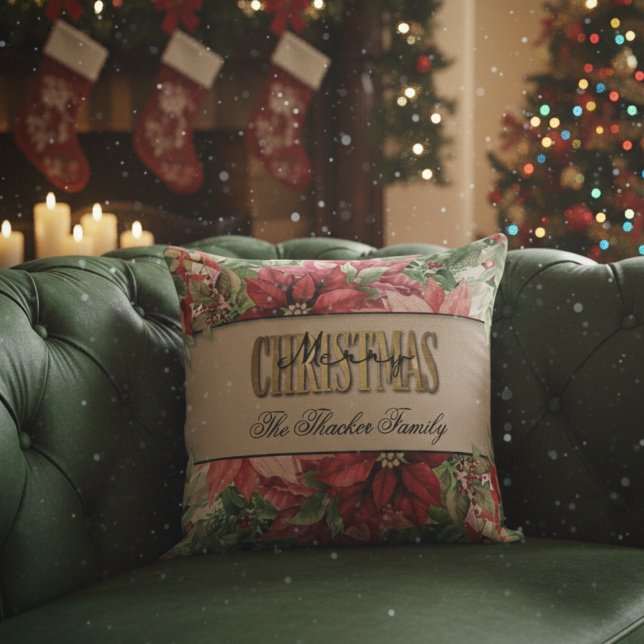 God jul Elegant Poinsettia Family Namn Kudde (Skapare uppladdad)
