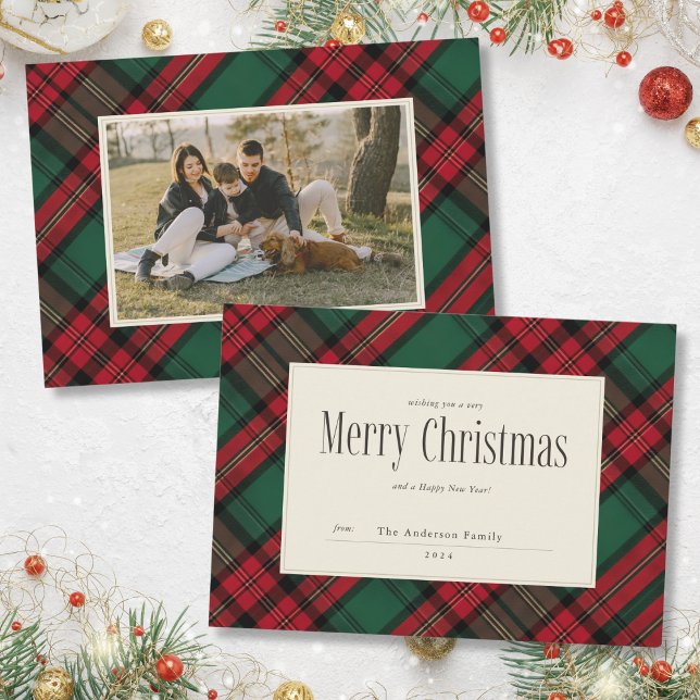 God jul Elegant Pput Family Photo Julkort (Mockup ViewMerry Christmas Elegant Plaid Family Photo Holiday Card)