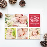 God jul Elegant Red Script Photo Collage Julkort<br><div class="desc">Snyggt God jul fotokortsdesign har en kollage av fyra (4) foton med anpassningsbar som kan vara personlig med ditt efternamn och året. Grenar av löv och bär från holly accentuerar utformningen. En mönster med litet vitt polka dots visas på baksidan av kortet. Den röda bäddbakgrunden färg kan ändras.</div>