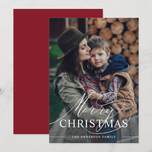 God Jul Elegant Script Foto Merlot Röd Julkort