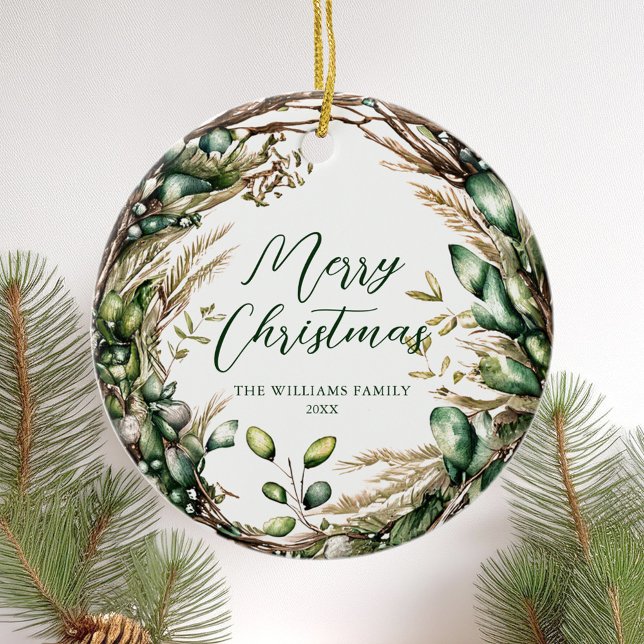 God jul Elegant Script Rustic Botanical Julgransprydnad Keramik (Skapare uppladdad)