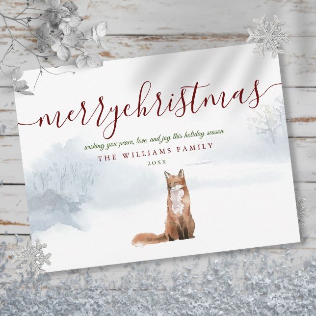 God Jul Elegant Skrift Vinterräv  Vykort (Merry Christmas Elegant Script Winter Fox Postcard)