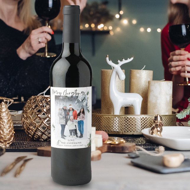 God jul Elegant-skript Fotojul Vinflaska Etikett (Merry Christmas Elegant Script Photo Christmas Wine Label)