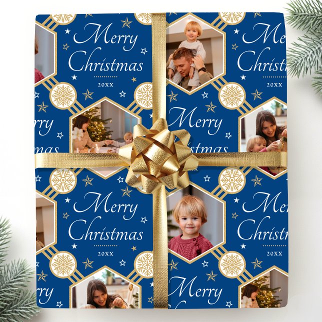 God jul Elegant Snowflake Photo Blue Presentpapper (Skapare uppladdad)