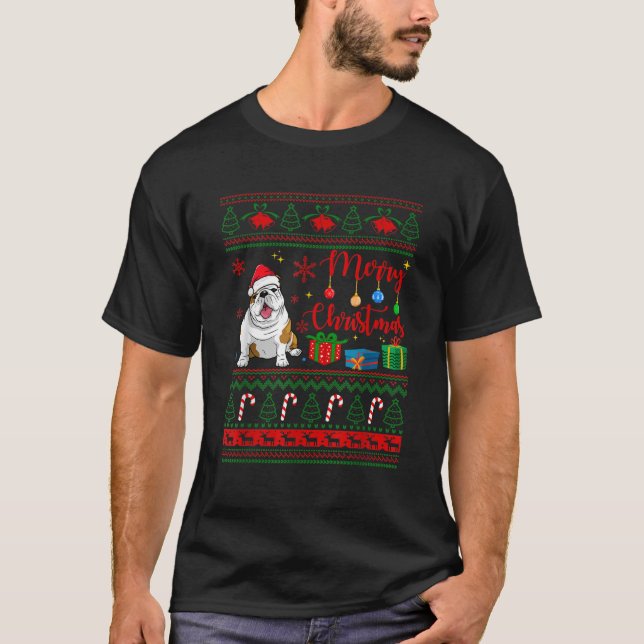 God Jul Engelsk Bulldog Fulströja Tomtehatt  T Shirt (Framsida)