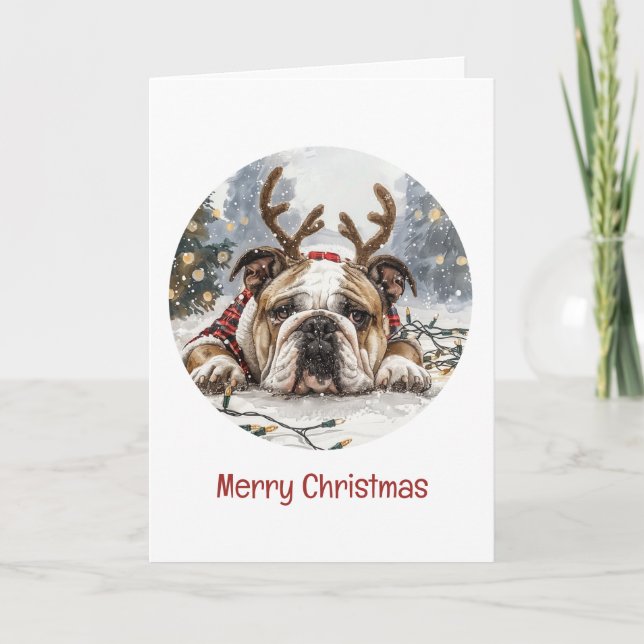 God jul English Bulldog Reindeer Helgkort (Framsida)