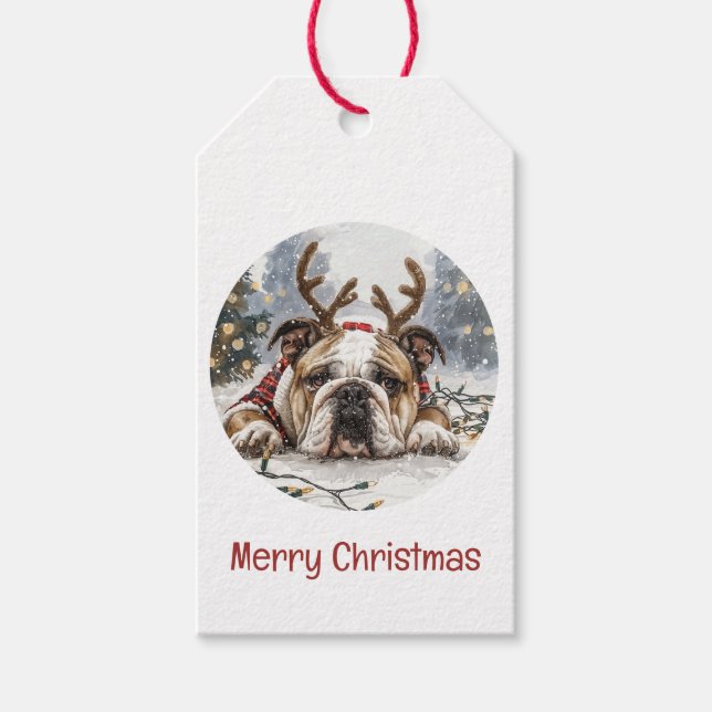 God jul English Bulldog Reindeer Presentetikett (Framsidan)