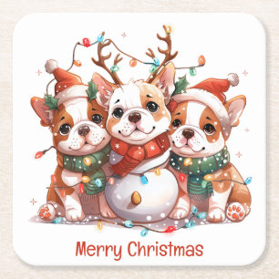 God jul English Bulldog Reindeer Santa Underlägg Papper Kvadrat