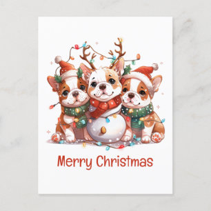 God jul English Bulldog Reindeer Santa Vykort