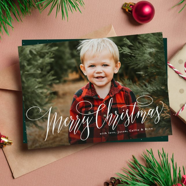 God jul enkel en-fotofamilj grön julkort (Skapare uppladdad)