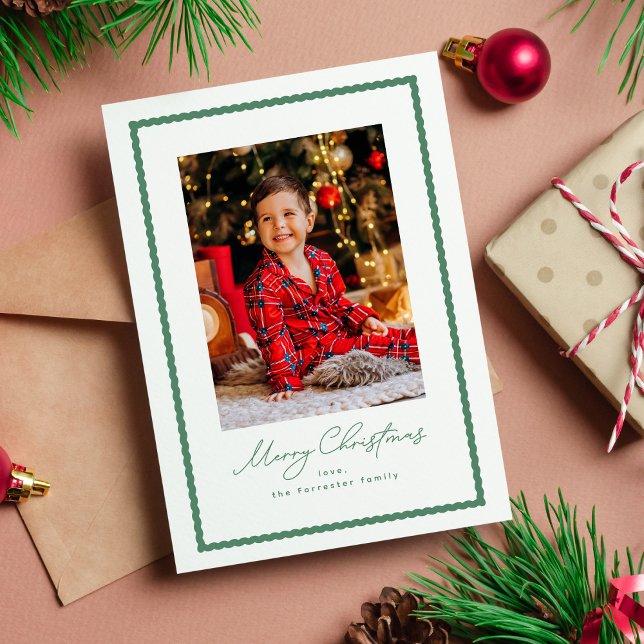 God Jul enkel grön vågig ram foto Julkort (Skapare uppladdad)