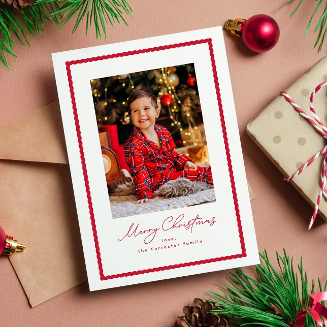 God Jul enkel röd vågig ram foto Julkort (Skapare uppladdad)