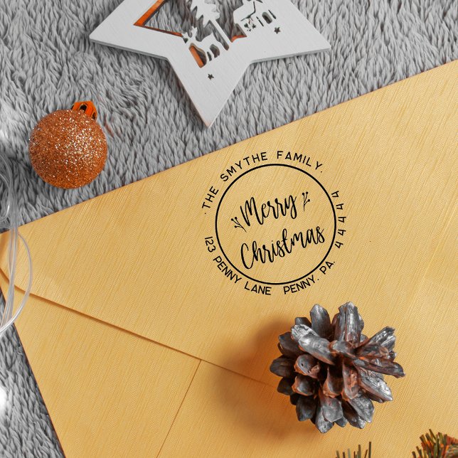 God jul Enkel runda familj Namn Stämpel (Merry Christmas Round Family Name Rubber Stamp
)