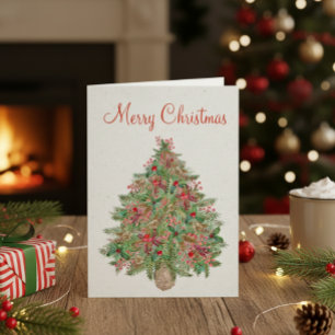 God jul Evergreen Träd Rustic Hand Pavisserligen f Helgkort