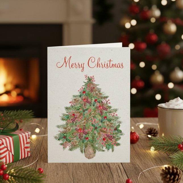 God jul Evergreen Träd Rustic Hand Pavisserligen f Helgkort (Skapare uppladdad)