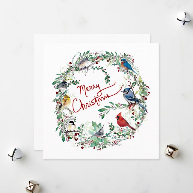 God jul Fågel och krans Julkort (Merry Christmas Bird And Wreath Holiday Card from Jenn Steffen Art.)