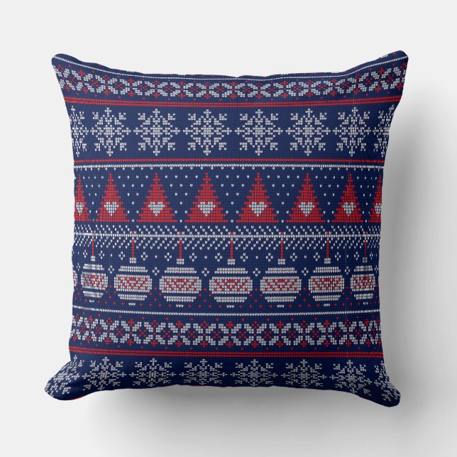 God jul Fairisle Knitting Mönster Red Blue Kudde (Framsida)