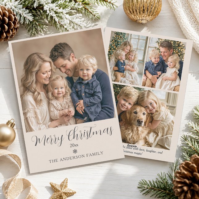 God Jul Familjefoto Modern Elegant Julkort (Elegant minimalist 4 photo Christmas greeting card)