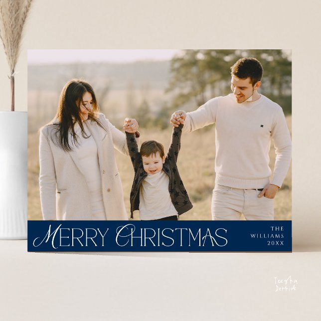 God Jul Familjefoto, Modernt Elegant Vykort (Merry Christmas Family Photo, Modern Elegant Postcard in Classy Navy Blue)