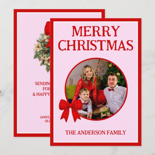 God Jul Familjefoto Röd Gingham-slöja Julkort (Fram/baksida)