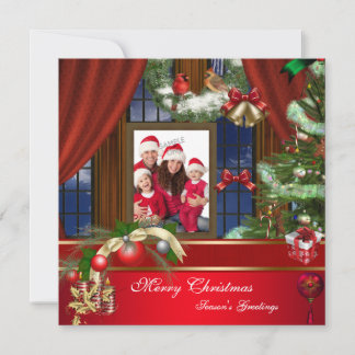 God Jul Familjefoto Röd Grön Fönster Julkort