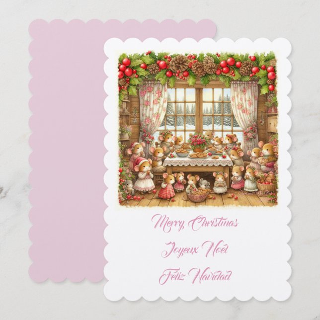 God jul familjemöss illustration inbjudningar (Fram/baksida)